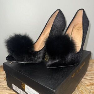 Liliana Elegant Black Heels with Fluffy Pom